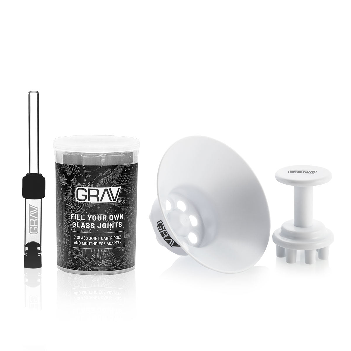 GRAV® FYO Glass Joints 7-Pack with Filling System on white background, showcasing packaging and accessories.