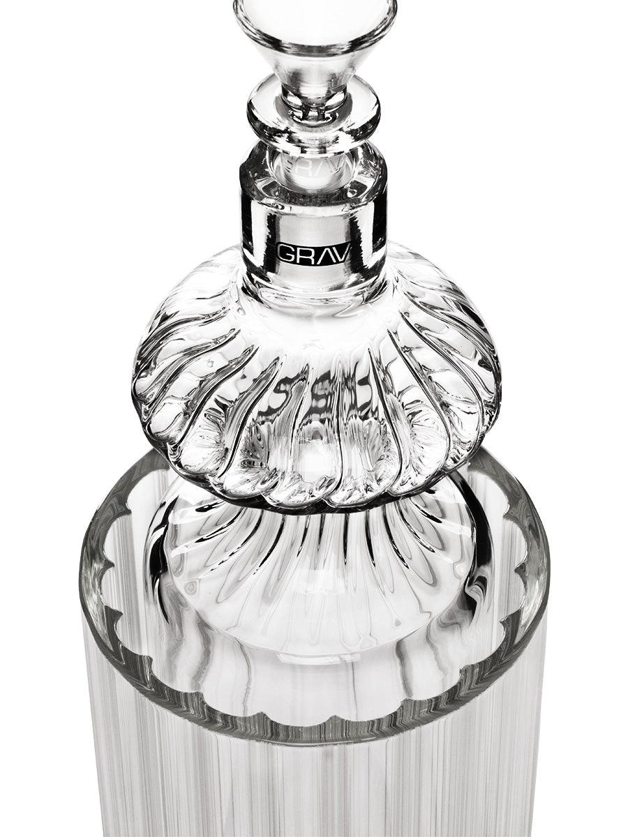 Close-up of GRAV® Monarch Gravity Bong with clear glass and embossed logo