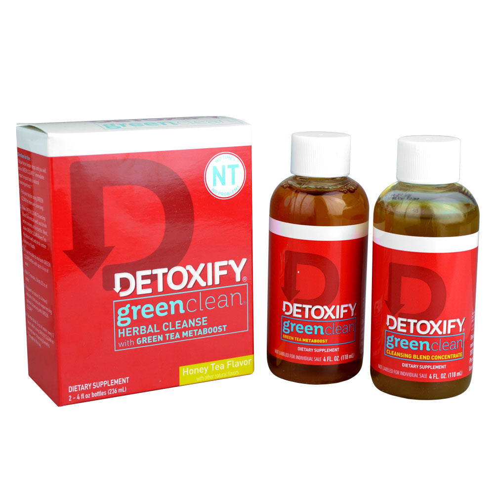 Detoxify Green Clean Herbal Cleanse in Honey Tea Flavor with box and bottles displayed