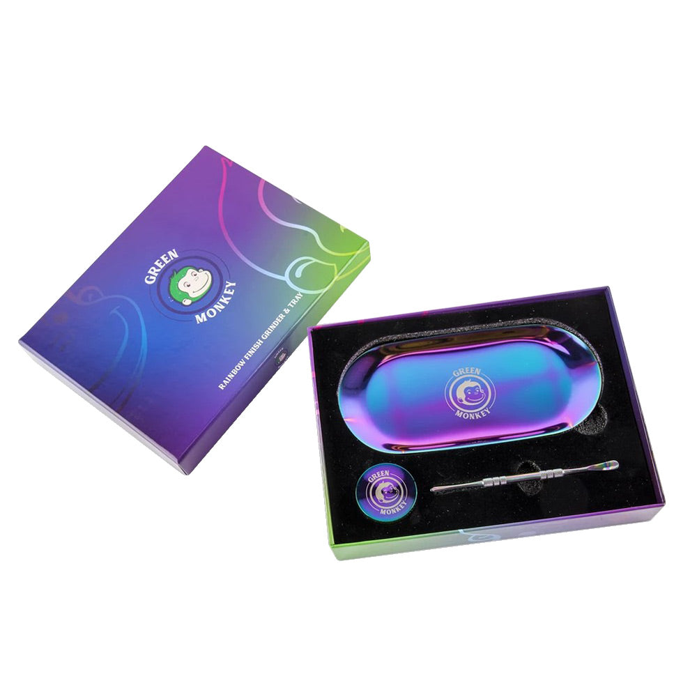 Green Monkey Rainbow Finish Rolling Tray & Grinder Kit in open box, compact design for easy travel