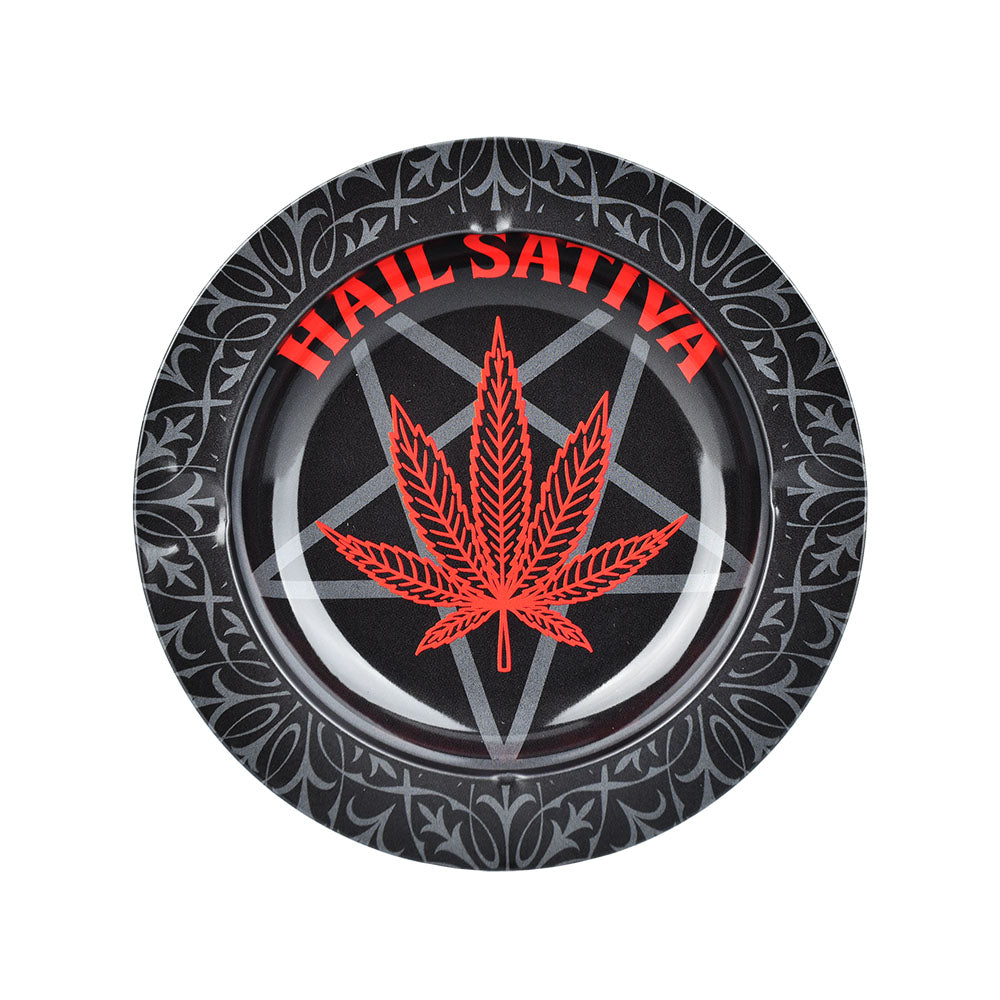 Hail Sativa 5.25" Round Metal Ashtray in Black with Red Cannabis Leaf Design - Top View