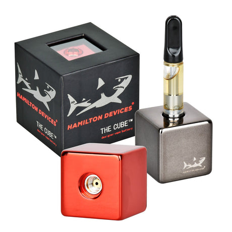 Hamilton Devices The Cube CCell Cartridge Vape in red with 560mAh battery, side view with box