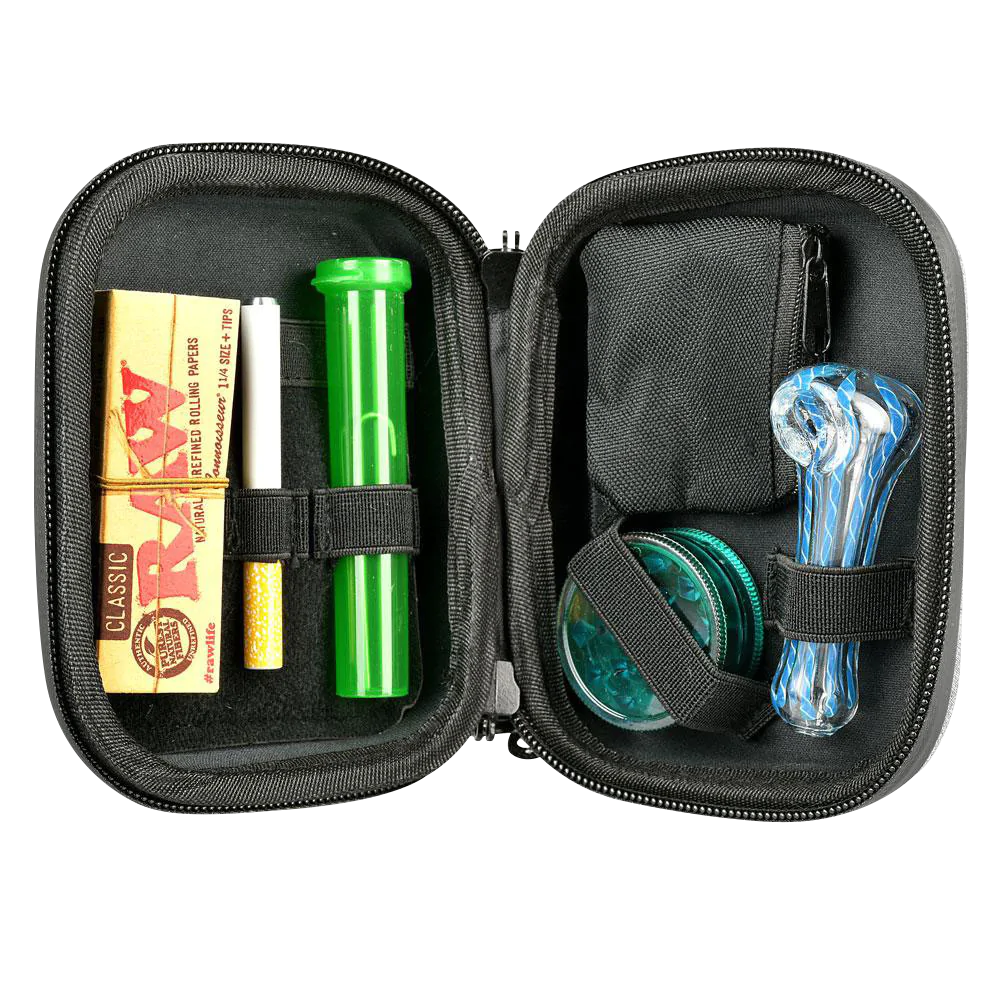 Happy Kit Deluxe - Open View of Compact Black Smell-Proof Case with Smoking Accessories