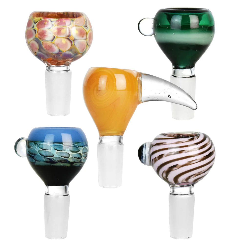 Assorted Heavy Color Herb Slides in 14mm size, thick borosilicate glass, front view