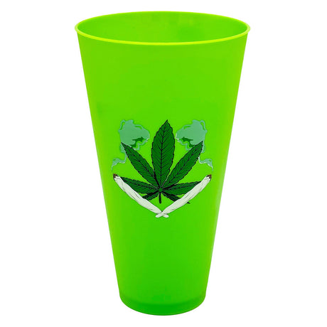 Neon green 42oz jumbo cup with hemp leaf and crossed joints design, front view on white background