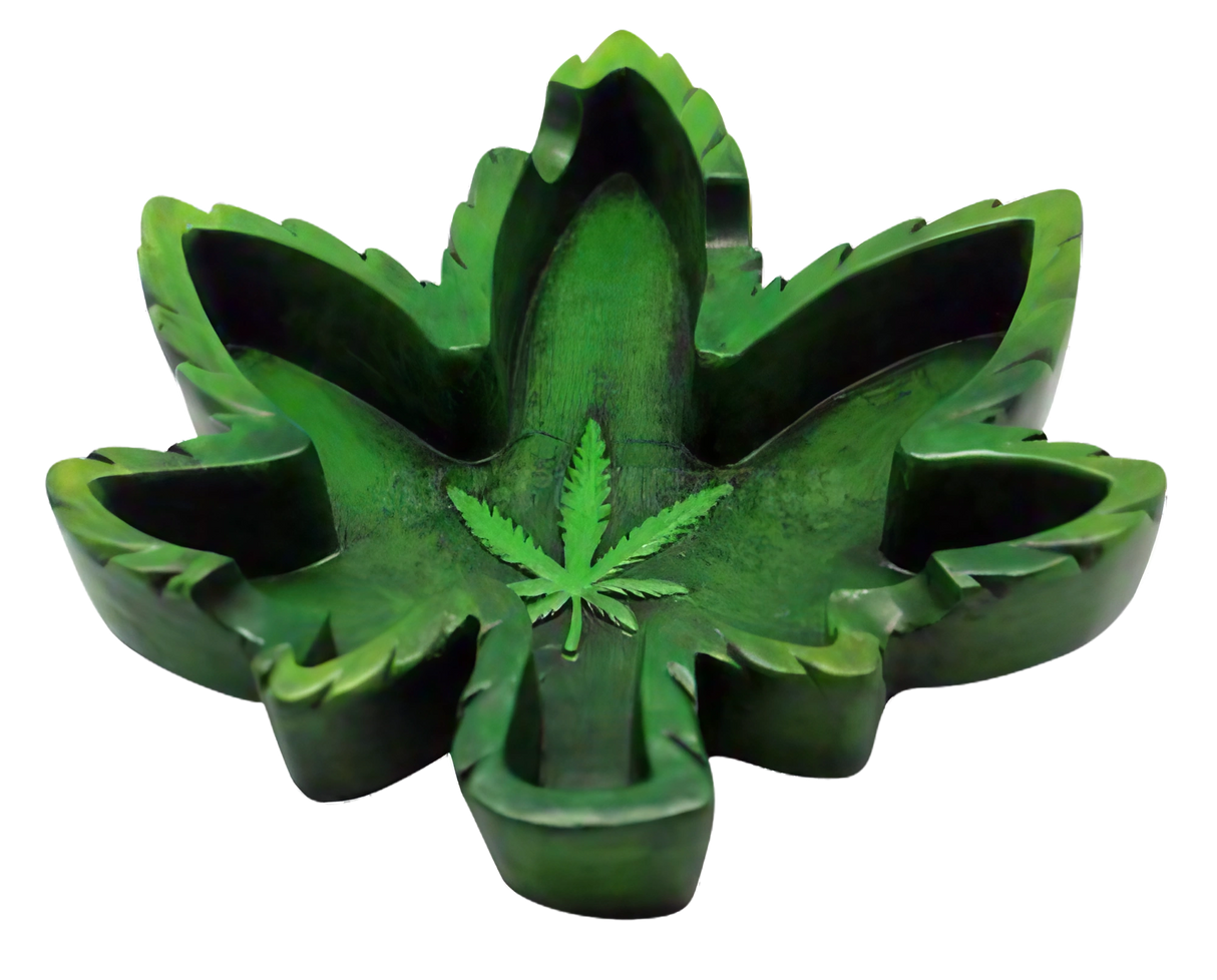 Polyresin Hemp Leaf Ashtray in Green, 5.25" Size, Top View with Detailed Leaf Design