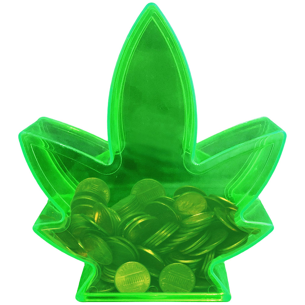 Green Plastic Hemp Leaf Shaped Coin Bank Front View with Coins Inside