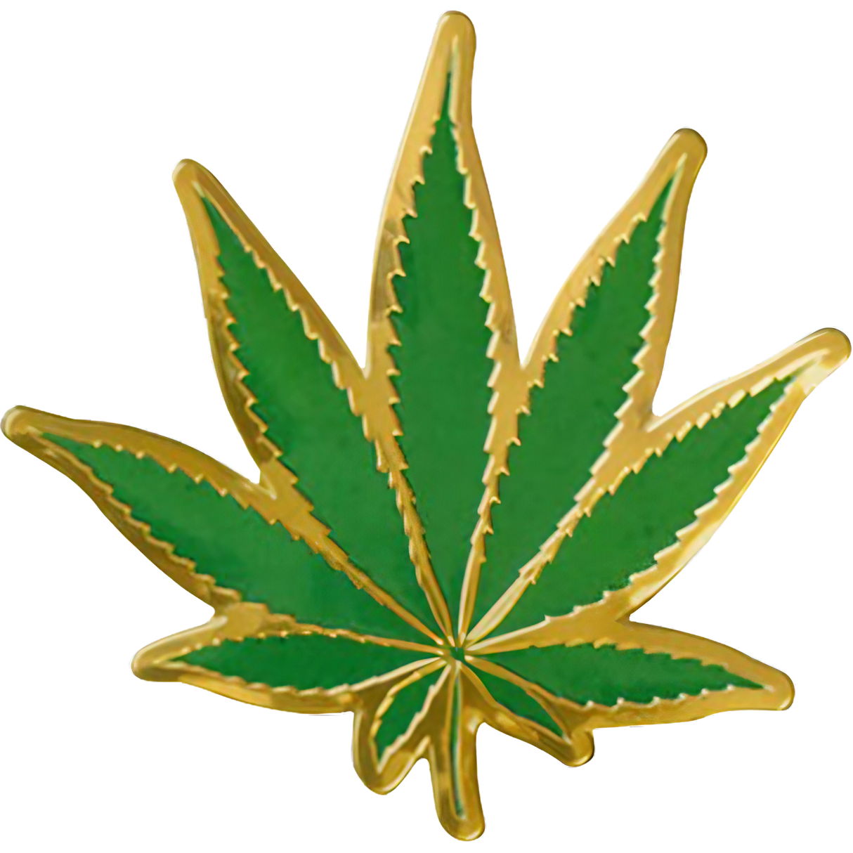 Green hemp leaf shaped metal sticker with gold trim, 2.5" x 2.5" size, novelty gift item