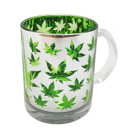 Metallic Glass Coffee Mug with Hemp Leaf Design, 16oz - Front View on White Background