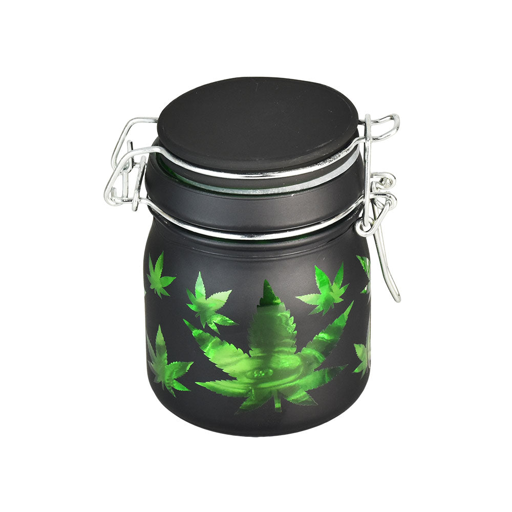 Green Hemp Leaves on Black Airtight Glass Stash Jar, Medium 5oz, Front View on White Background