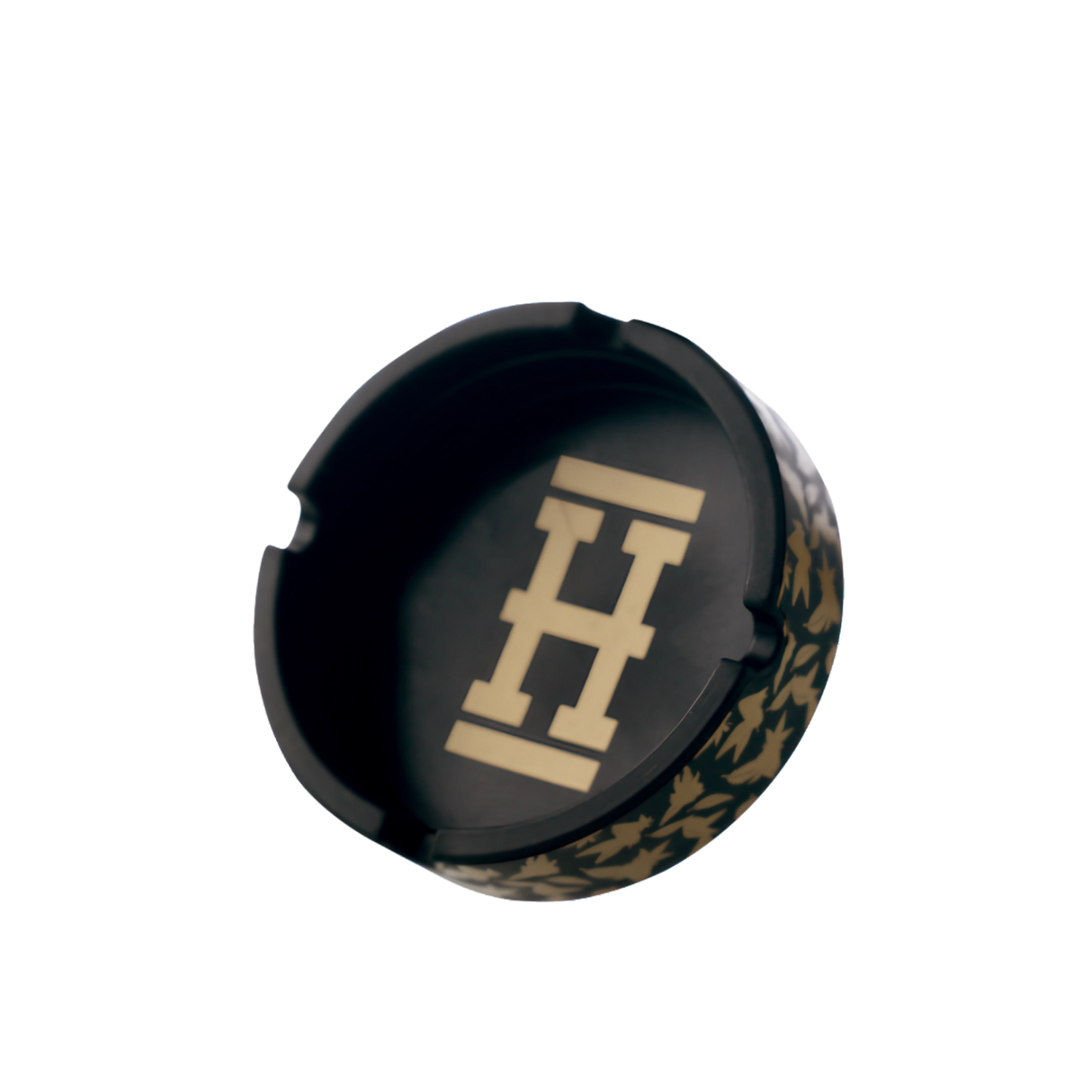 Hemper Asher "Cannaflage" Silicone Ashtray in Black/Gold, Top View, Durable and Easy to Clean