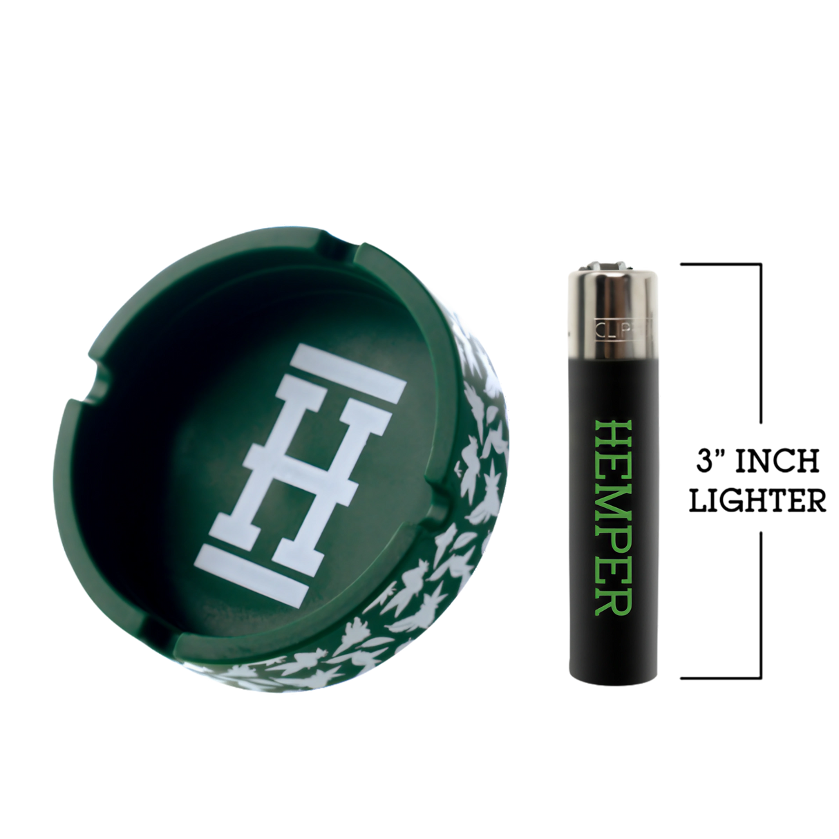 Hemper Asher "Cannaflage" Silicone Ashtray in Green with Matching Lighter - Top View
