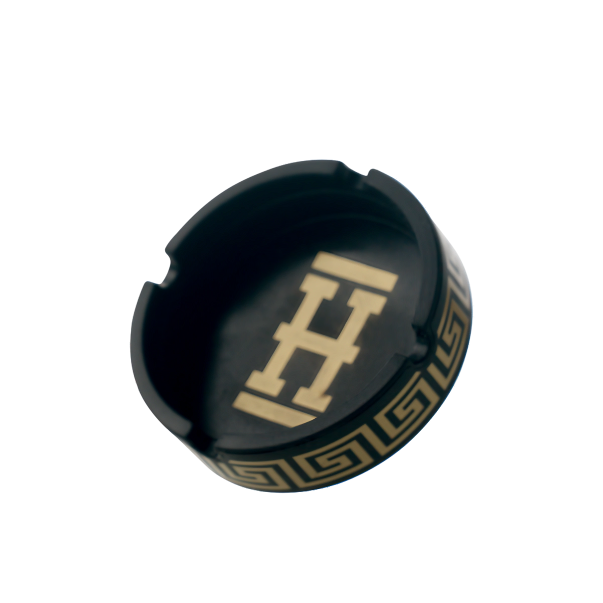 Hemper Asher "New Money" Silicone Ashtray in Black/Gold, Durable with Greek Key Design