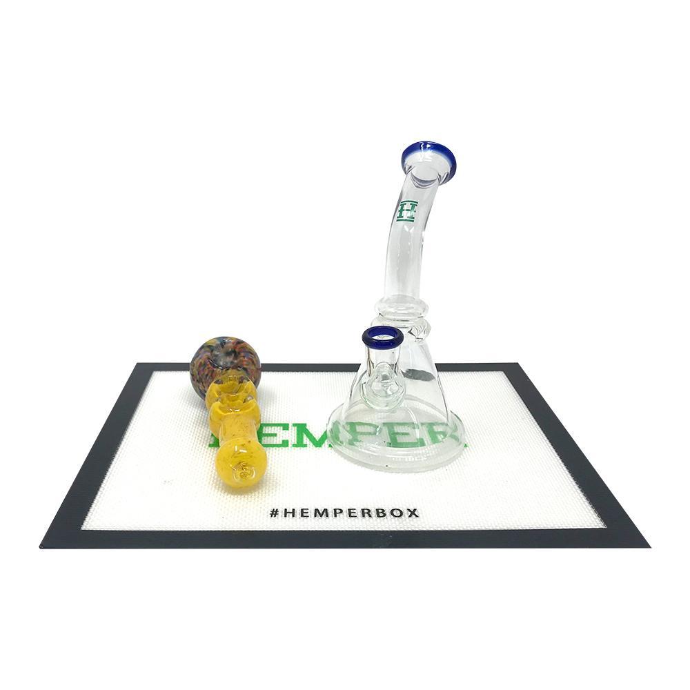 Hemper Large Silicone Dab Mat in black with white logo, ideal for organizing dab rig accessories