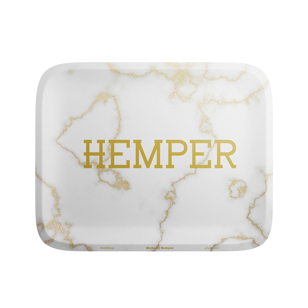 Hemper Luxe White with Gold Marble Design Metal Rolling Tray, 7" x 5.5", Top View