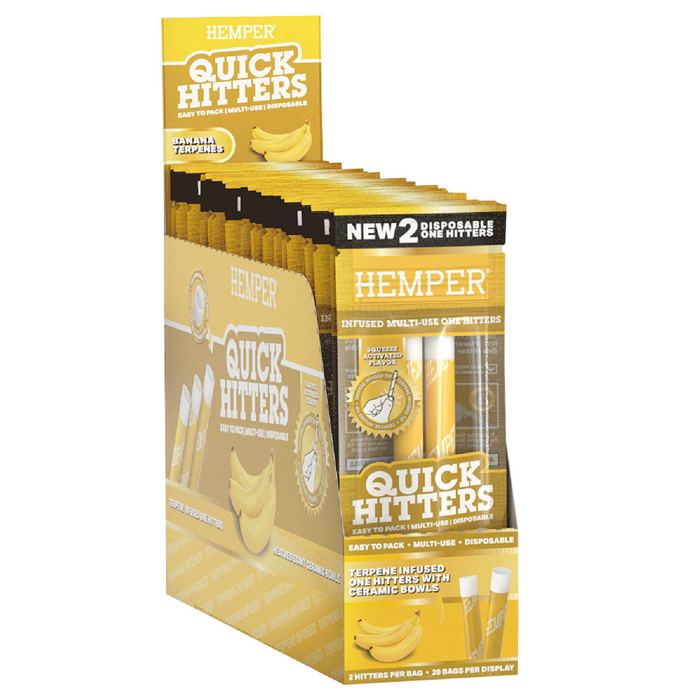 Hemper Quick Hitters display box with 2pk steel one-hitters in Banana design, front view