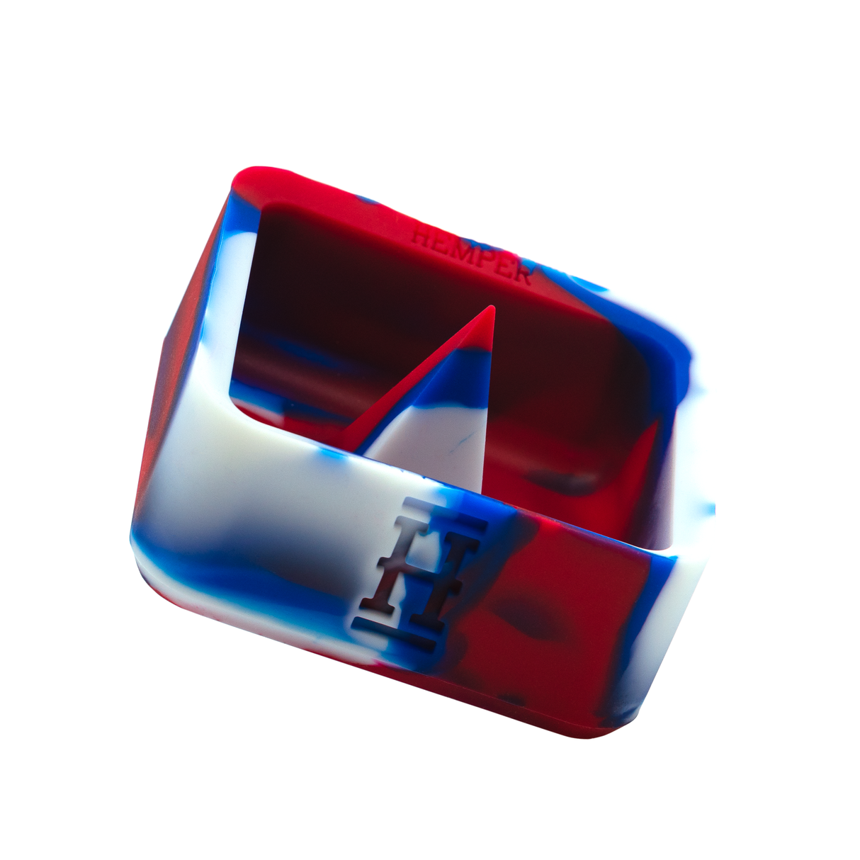 Hemper Silicone Caché Ashtray in Blue and Red, Durable Debowling Accessory, Angled View