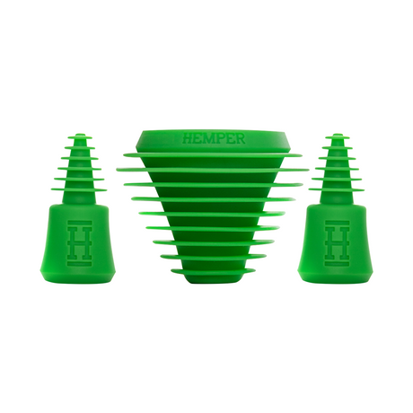 Hemper Tech green cleaning plugs+caps set for bongs and pipes, front view on white background