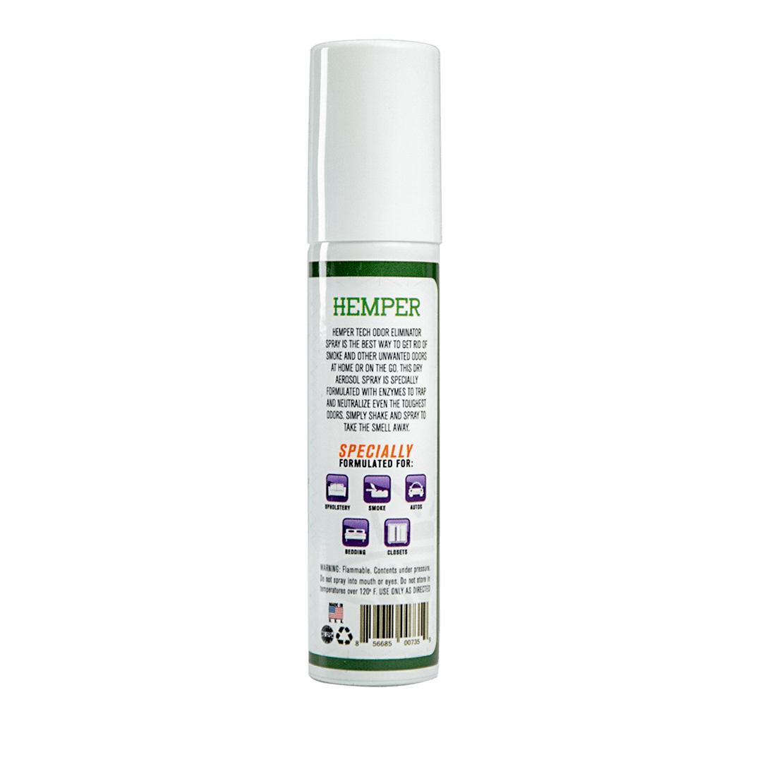Hemper Tech Odor Eliminator Spray bottle, front view, designed for smoke odor removal