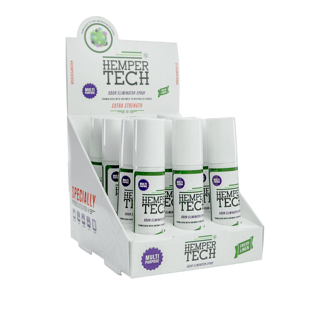 Hemper Tech Odor Eliminator Spray bottles in display box, front view on white background