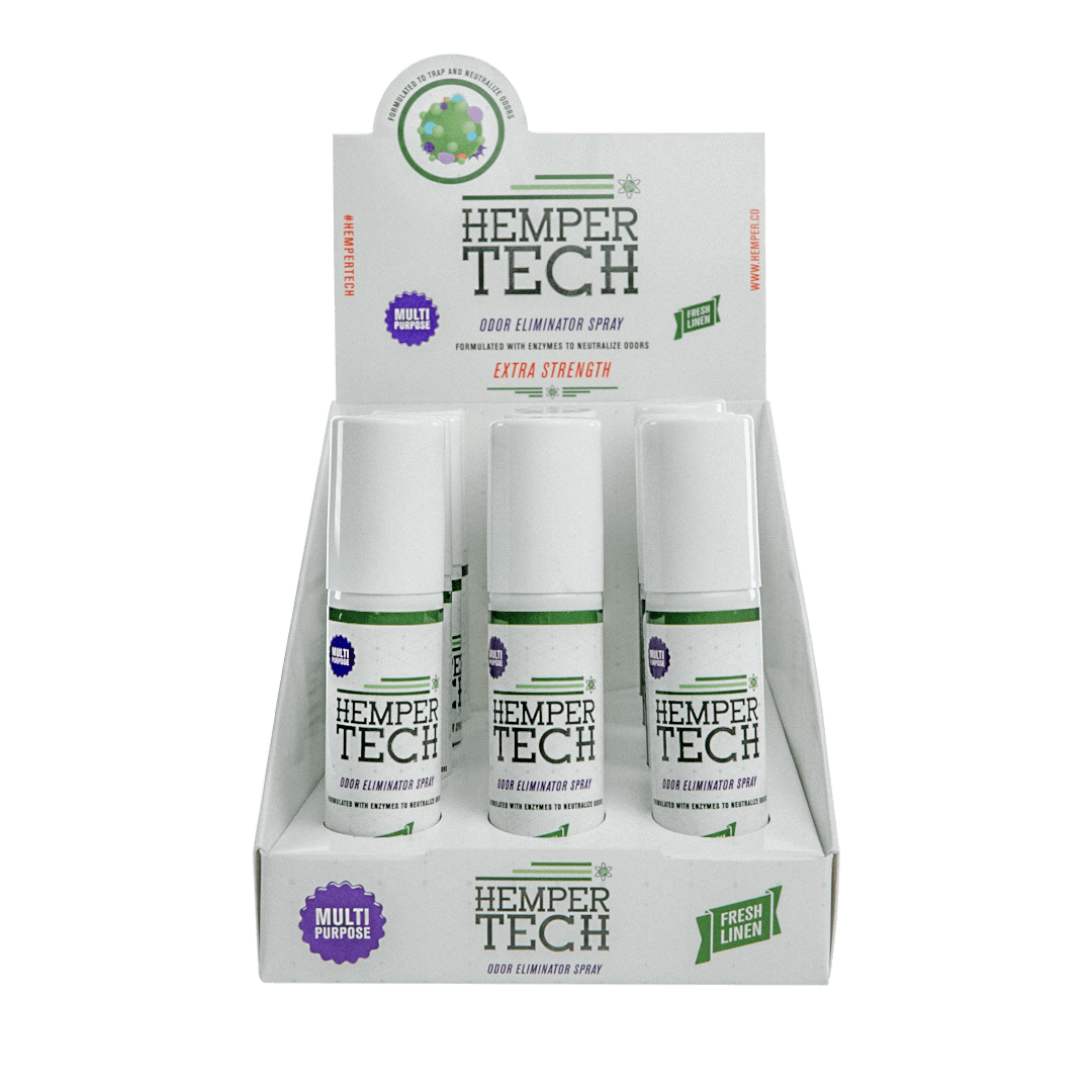 Hemper Tech Odor Eliminator Spray displayed in box, extra strength, fresh linen scent