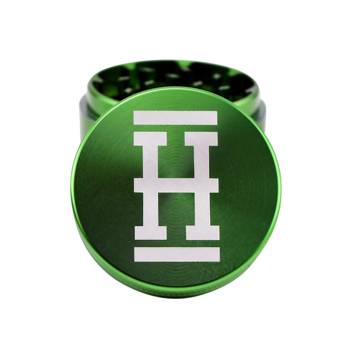 Hemper Travel Aluminum Grinder in Green, 4 Piece Small, Top View with H Logo