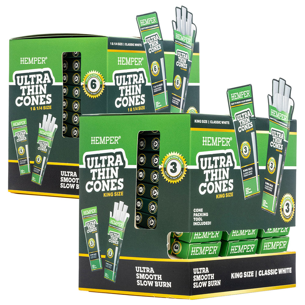 Hemper Ultra Thin Classic White Cones 24pc Display, Organic King Size, Front View