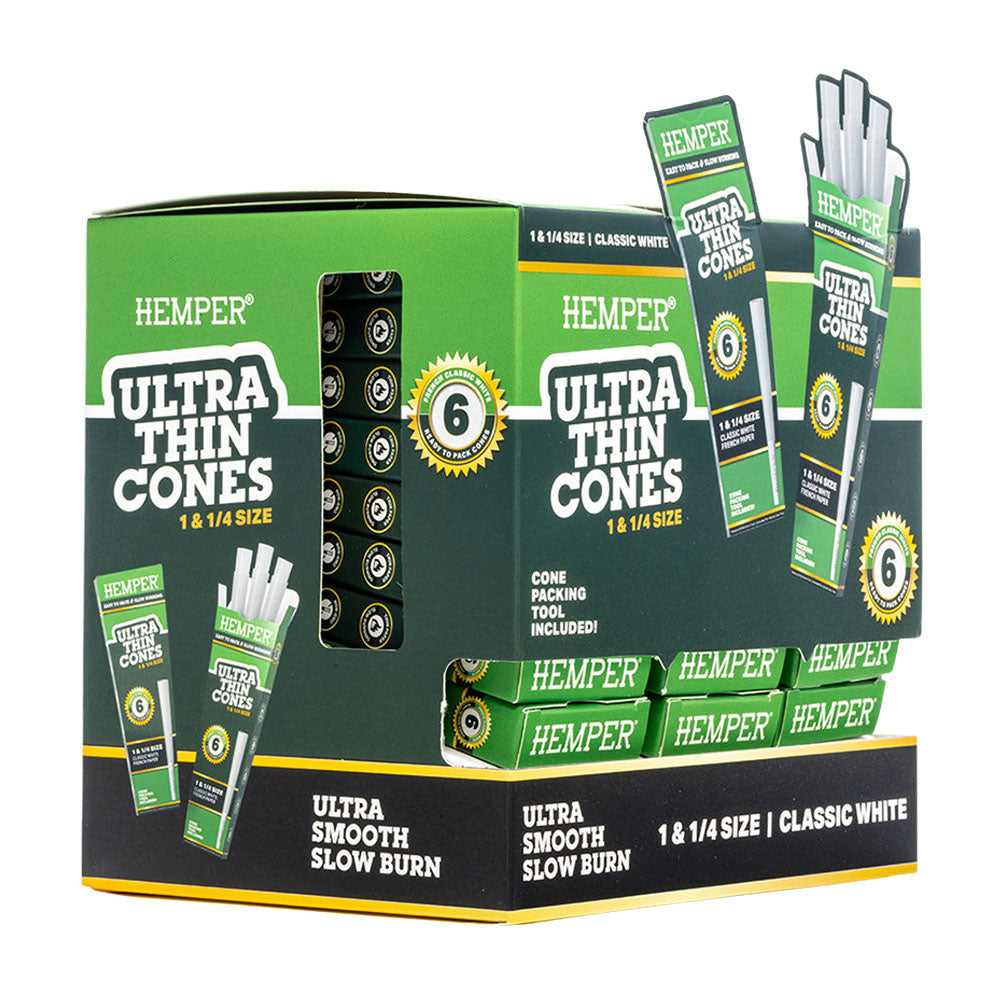 Hemper Ultra Thin Classic White Cones 24pc display, organic 1 1/4" size for slow burn