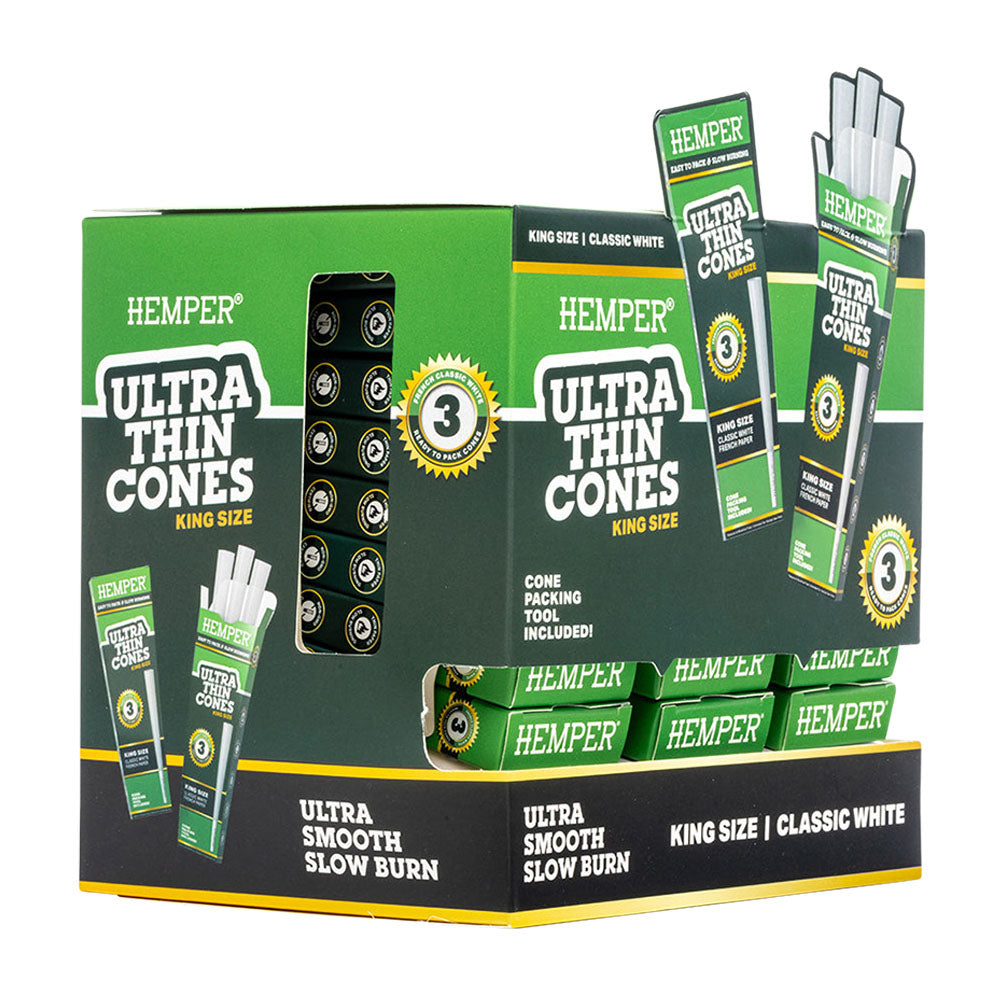 Hemper Ultra Thin Classic White King Size Cones 24pc Display with Organic Paper
