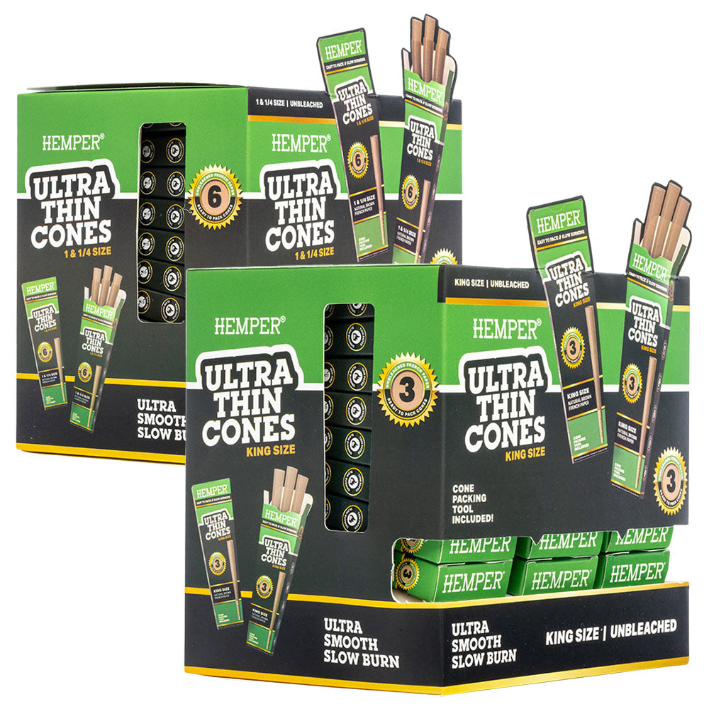 Hemper Ultra Thin Unbleached Cones 24pc Display, King and 1 1/4" Sizes