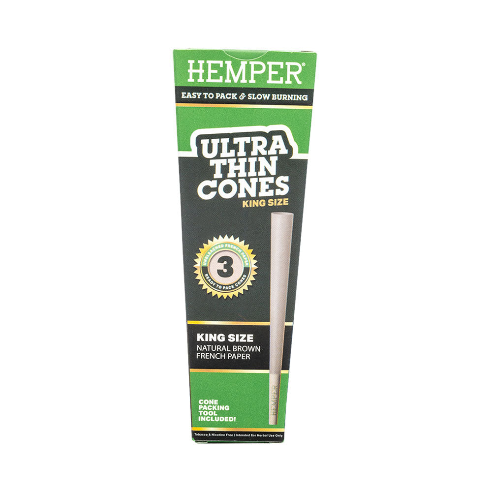 Hemper Ultra Thin Unbleached King Size Cones, 24pc Display Front View, Easy to Pack & Slow Burning
