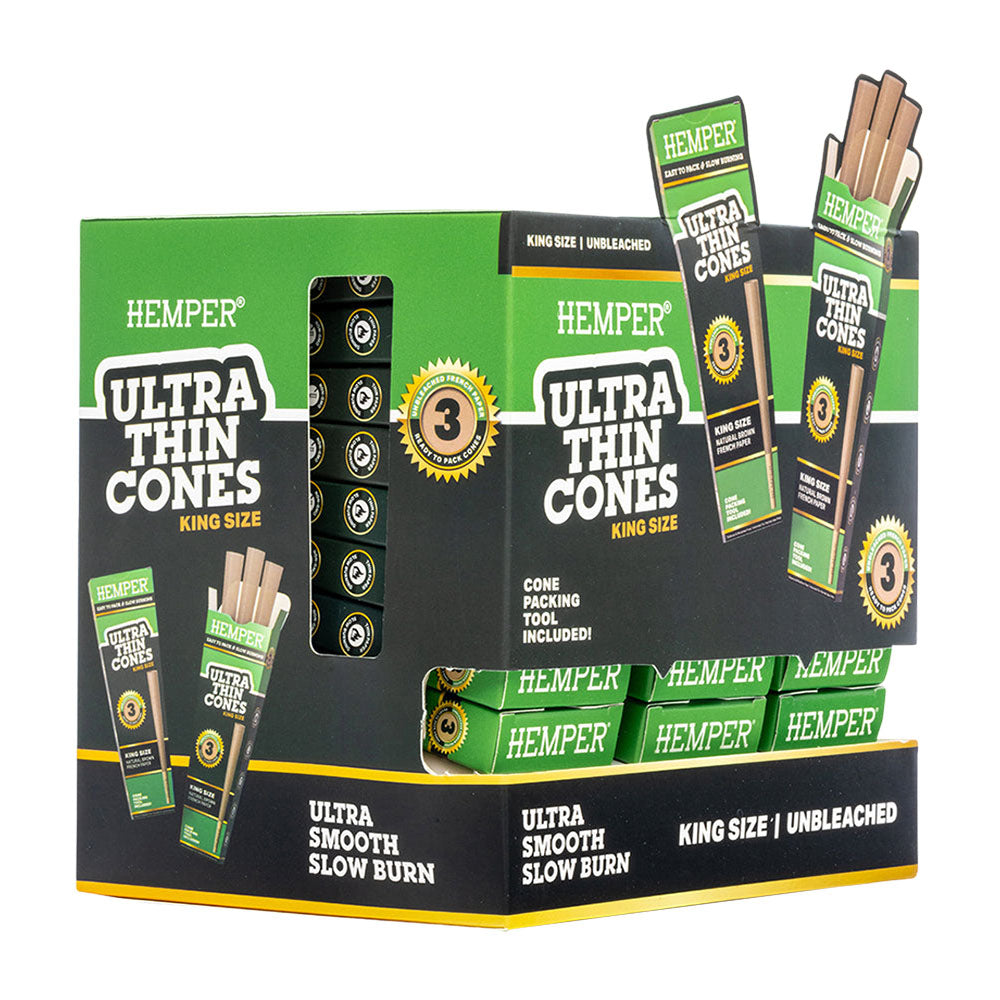 Hemper Ultra Thin Unbleached Cones 24pc Display, King Size, Front View