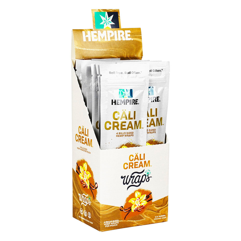 Hempire Cali Cream Hemp Wraps 4-pack display box, organic blunt wraps, front view on white background