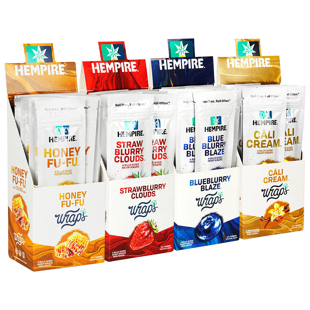 Hempire Hemp Wraps variety pack display with flavors like Honey, Strawberry, and Blueberry