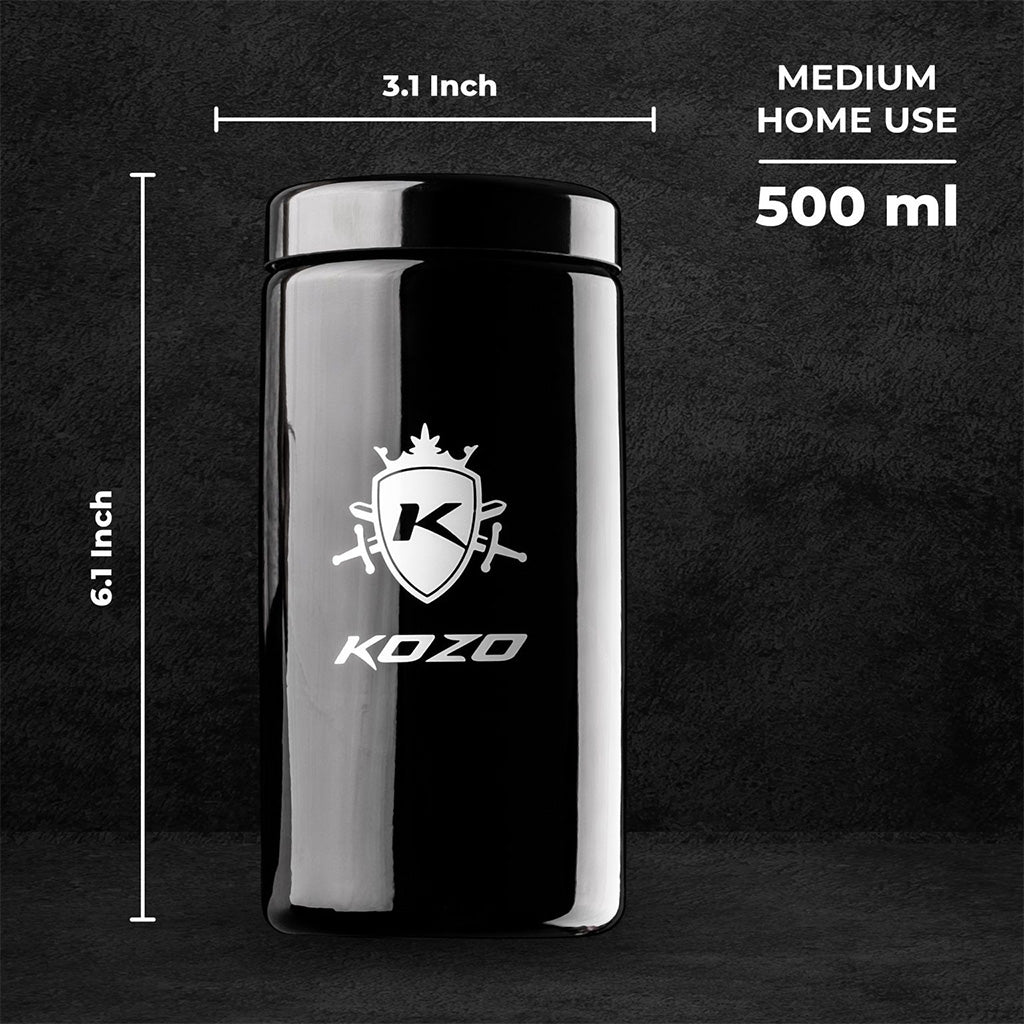 Kozo black UV glass storage jar in the 1 oz size with a 500 ml medium home use size dimension callout