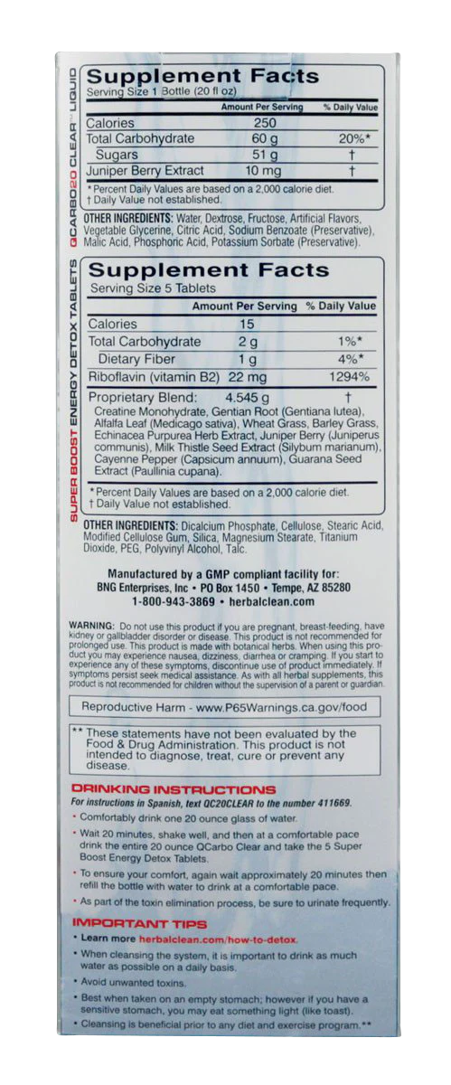 Herbal Clean QCarbo16 Liquid Beverage label showing supplement facts and usage instructions