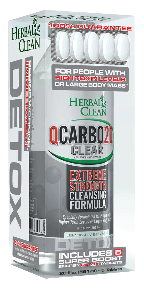 Herbal Clean QCarbo20 Clear Lemon-Lime Flavor, 20oz detox drink with 5 energy tablets, front view