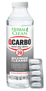 Herbal Clean QCarbo20 Clear 20oz in Strawberry Mango flavor for same-day detox cleanse