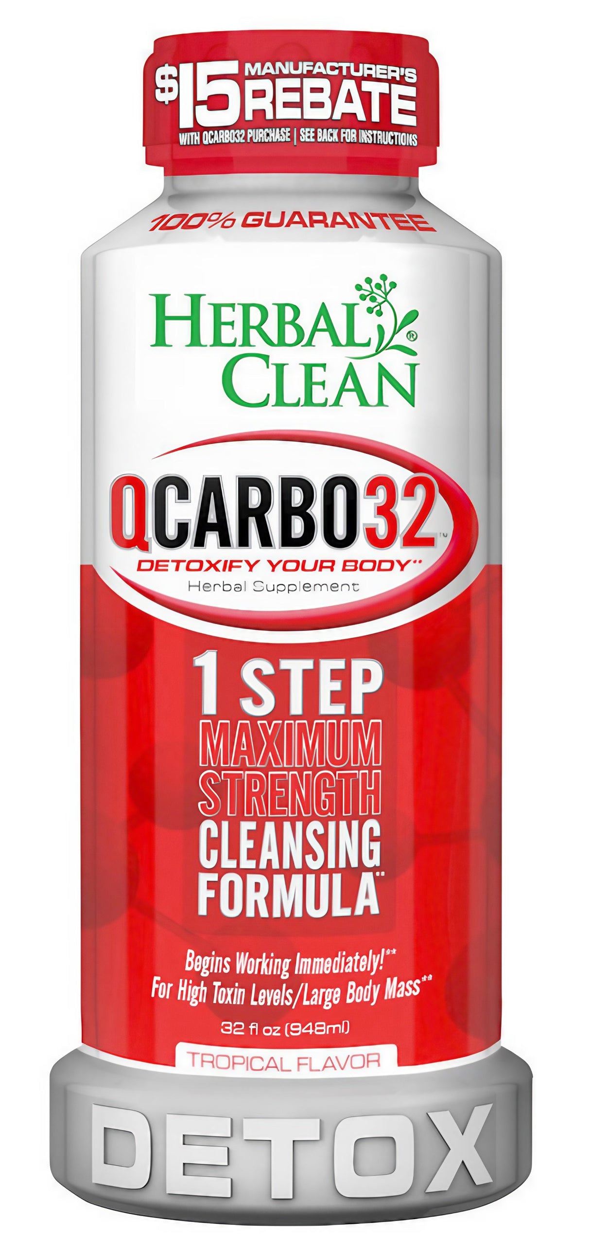 Herbal Clean QCarbo32 Detox Drink, 32 oz Tropical Flavor, Front View on White Background