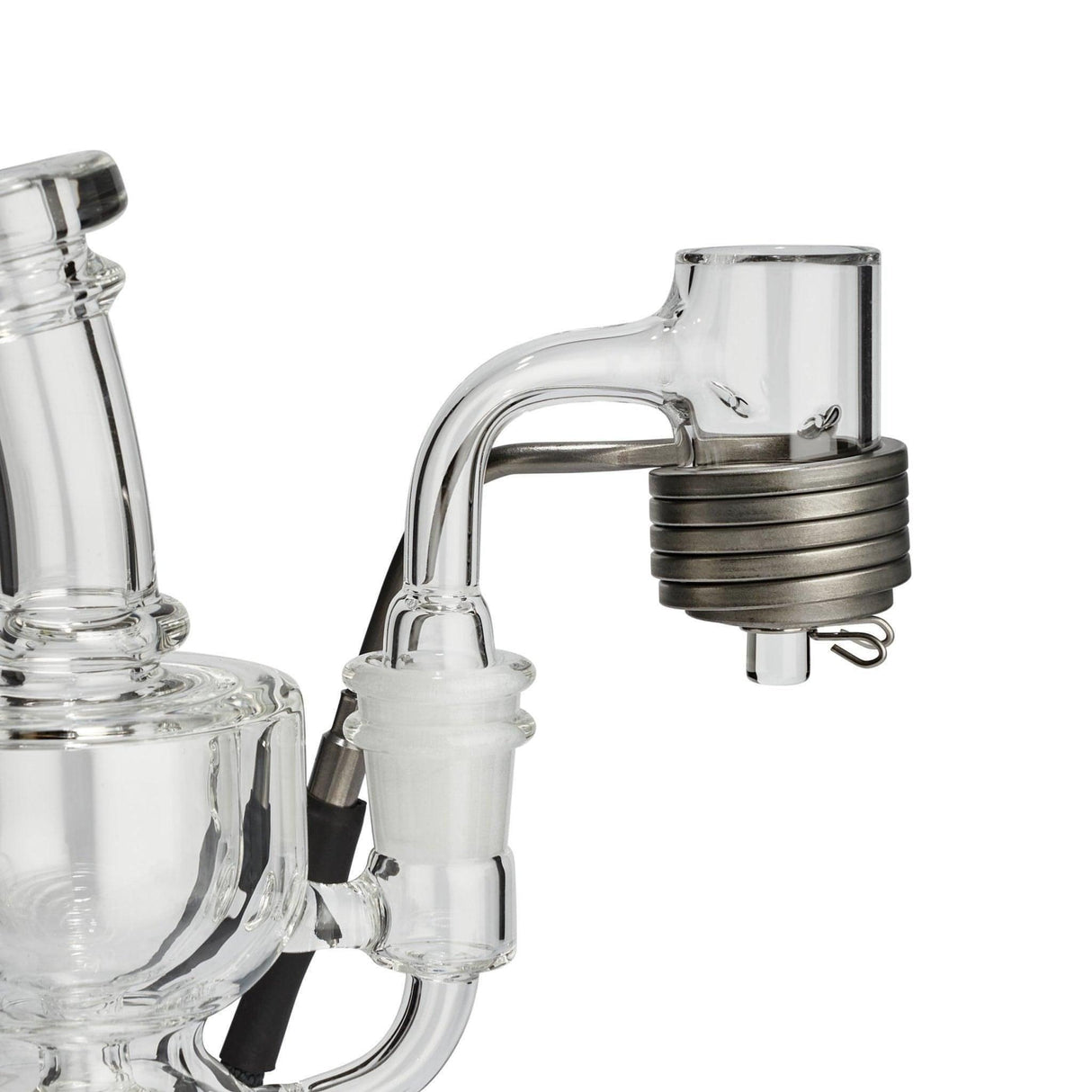 High Five 25mm Quartz E-Banger with Auto Spinner feature, side view attached to dab rig