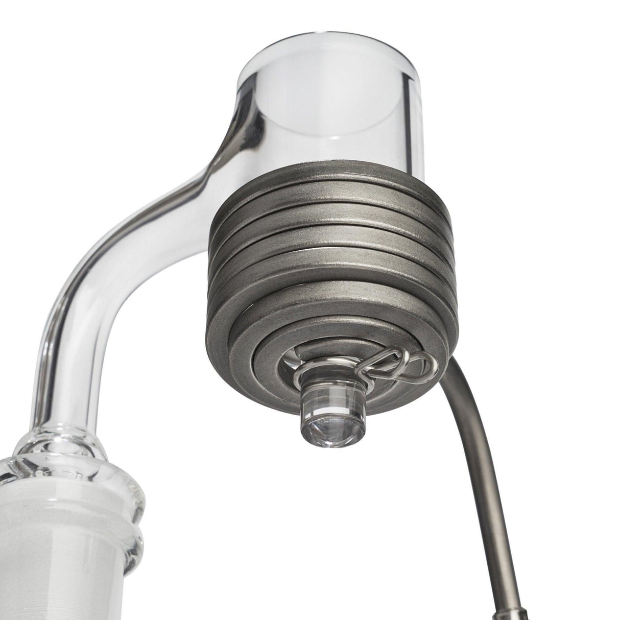 High Five 25mm Quartz E-Banger attached to dab rig, close-up view, for efficient concentrate vaporization