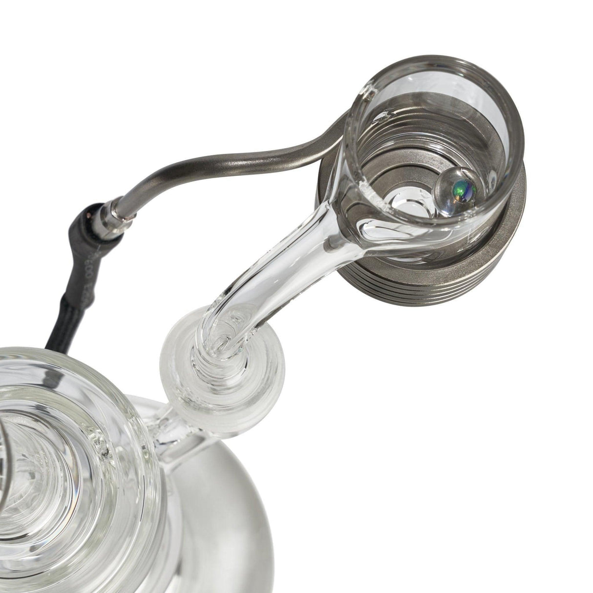 High Five 30mm Quartz E-Banger with Auto Spinner feature, angled view on a clear glass dab rig