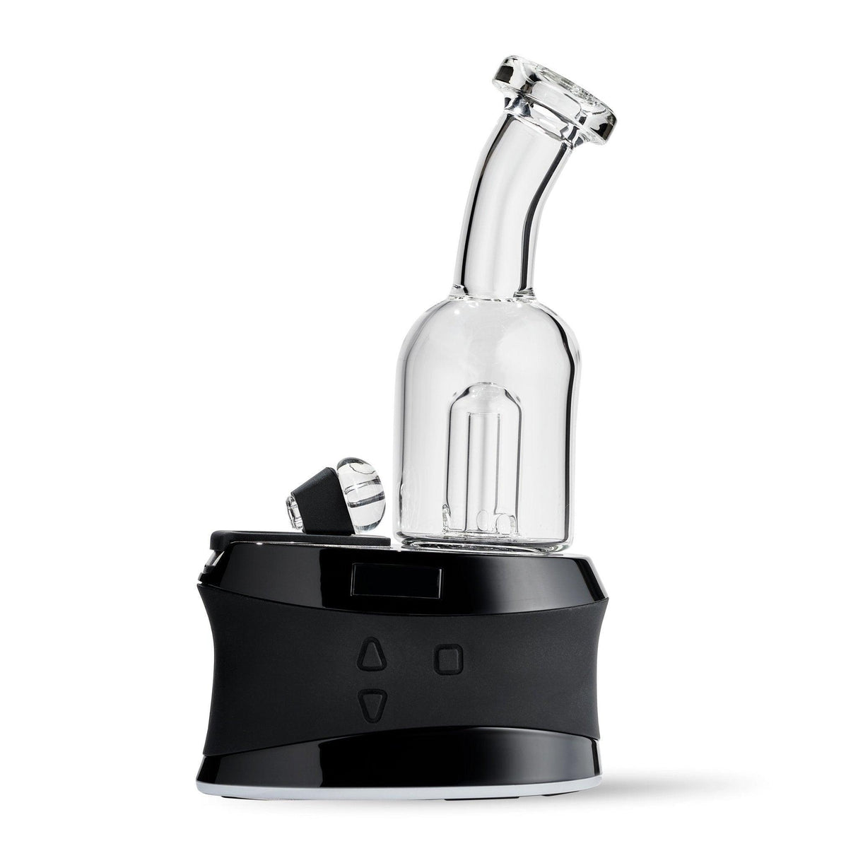 High Five Bent Neck Mouthpiece for E-Rigs, made of Borosilicate Glass, Front View on Black Base