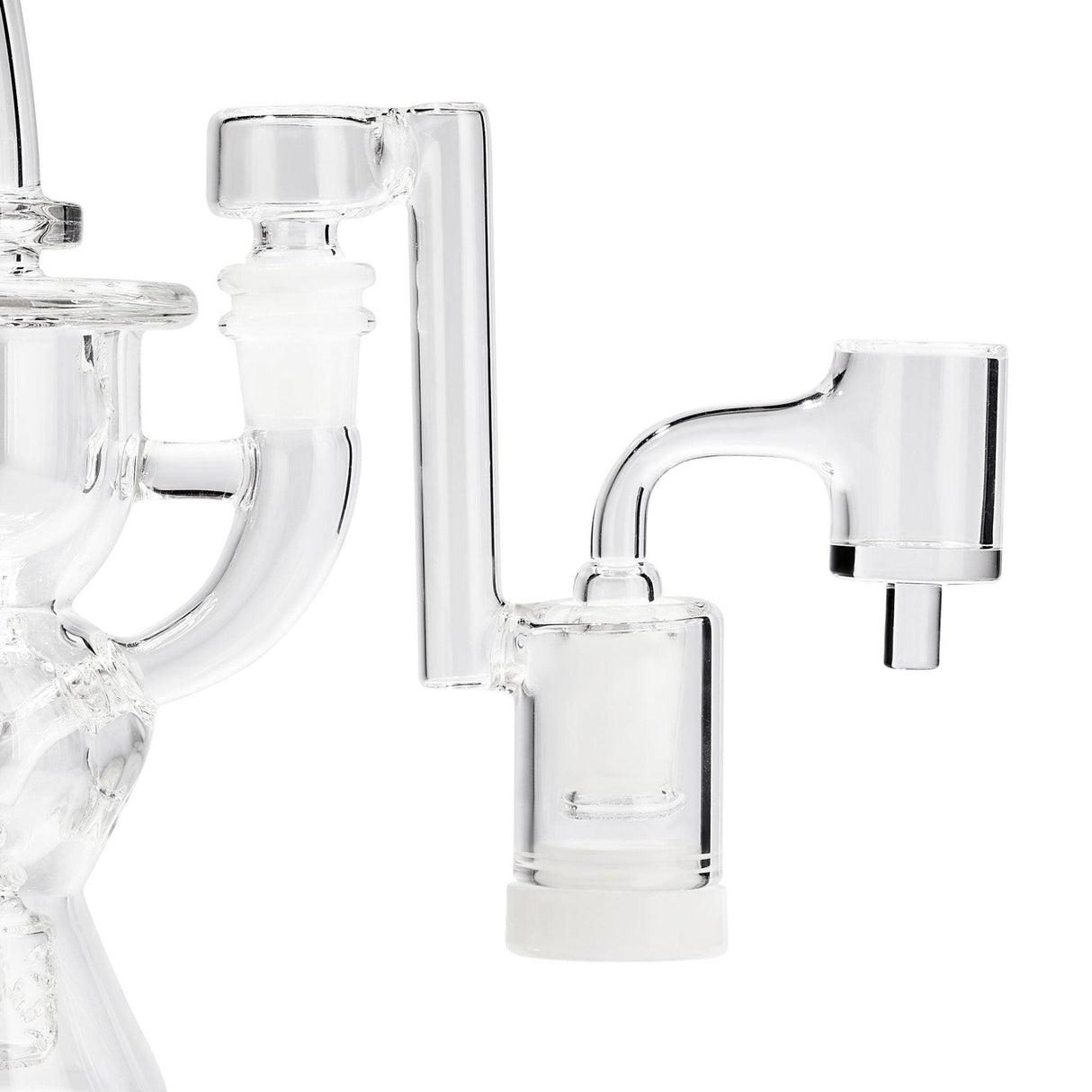 High Five ClaimSaver Glass Drop Down accessory for bongs, made of clear borosilicate glass, side view.