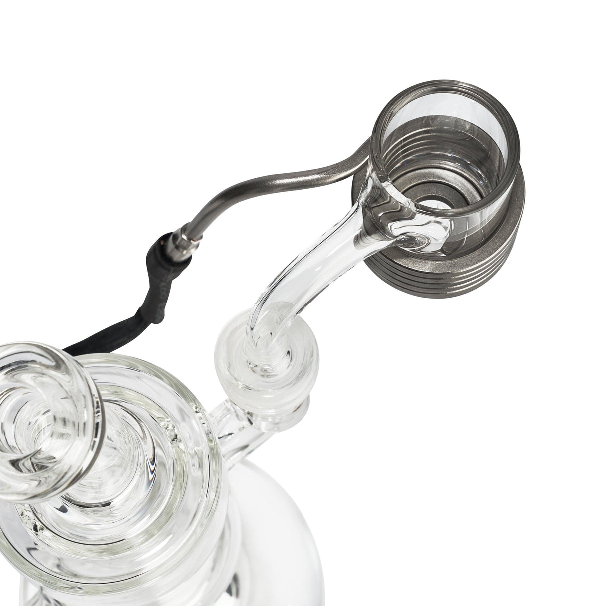 Close-up of High Five LCD E-Nail Quartz E-Banger attached to a clear glass rig