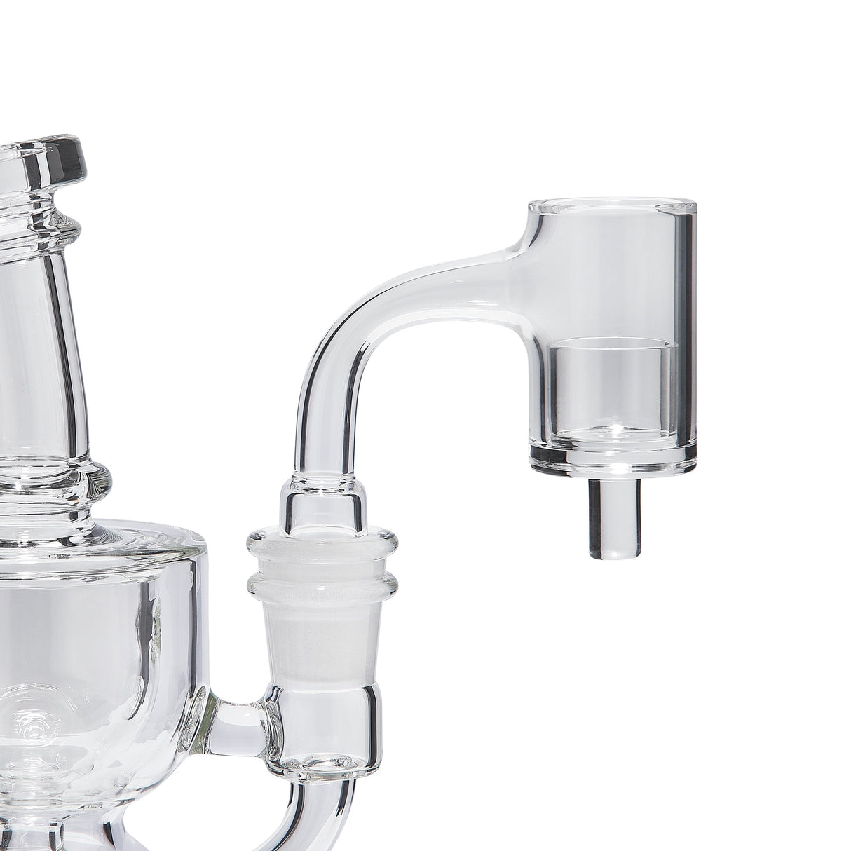 High Five Quartz E-Banger Insert for Dab Rigs, 2 Pack, Clear Quartz, Side View on Glass Joint