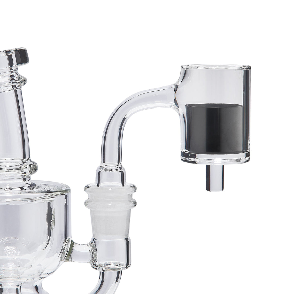 High Five SIC E-Banger Insert attached to a clear glass dab rig, side view on white background