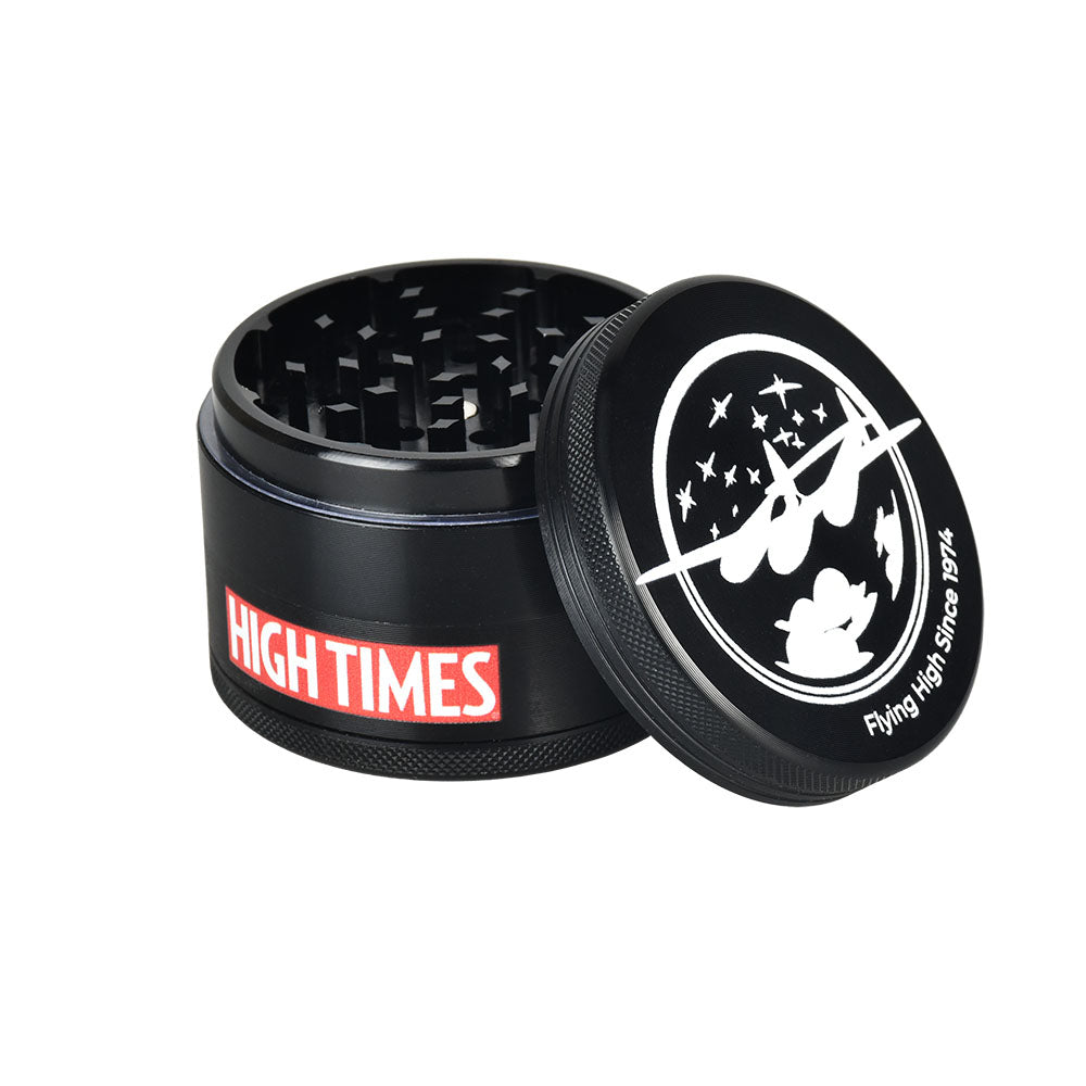 High Times Metal Grinder open view, 4-piece with sharp teeth, 2.5" size, black with logo