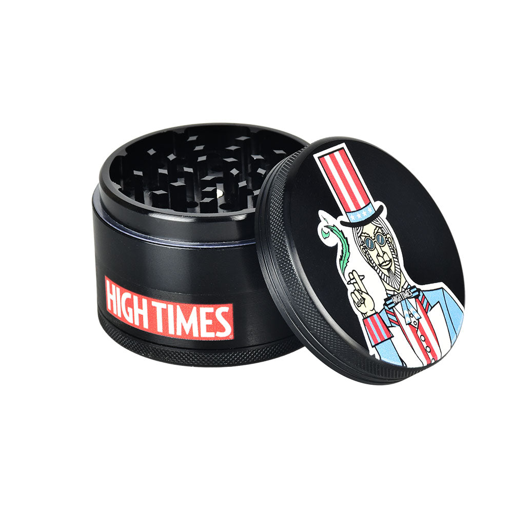 High Times 4pc Metal Grinder with Assorted Designs, 2.5" Diameter, Displayed Open