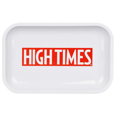 High Times White Metal Rolling Tray 11"x7" Top View, Sturdy with Bold Logo
